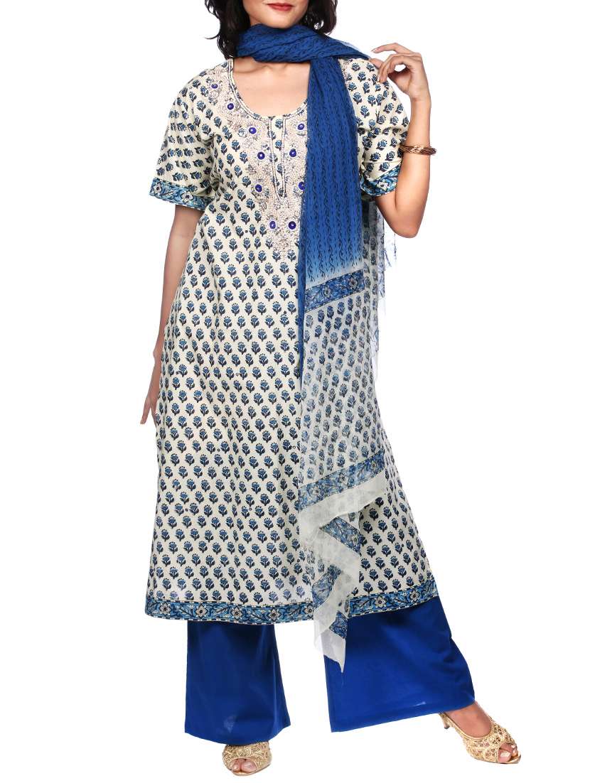 white cotton printed straight suit