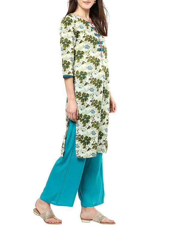 green cotton printed kurta with pink palazzo set - 12994415 -  Standard Image - 1