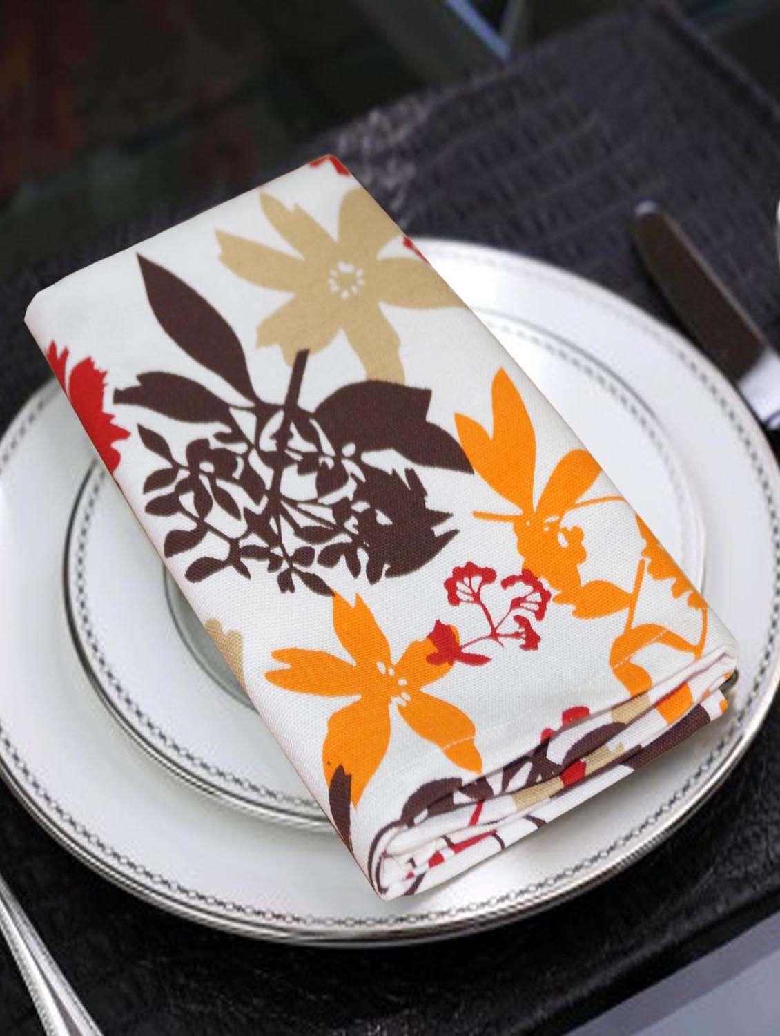 lushomes leaf printed cotton 6 table napkins set (dinner napkins)