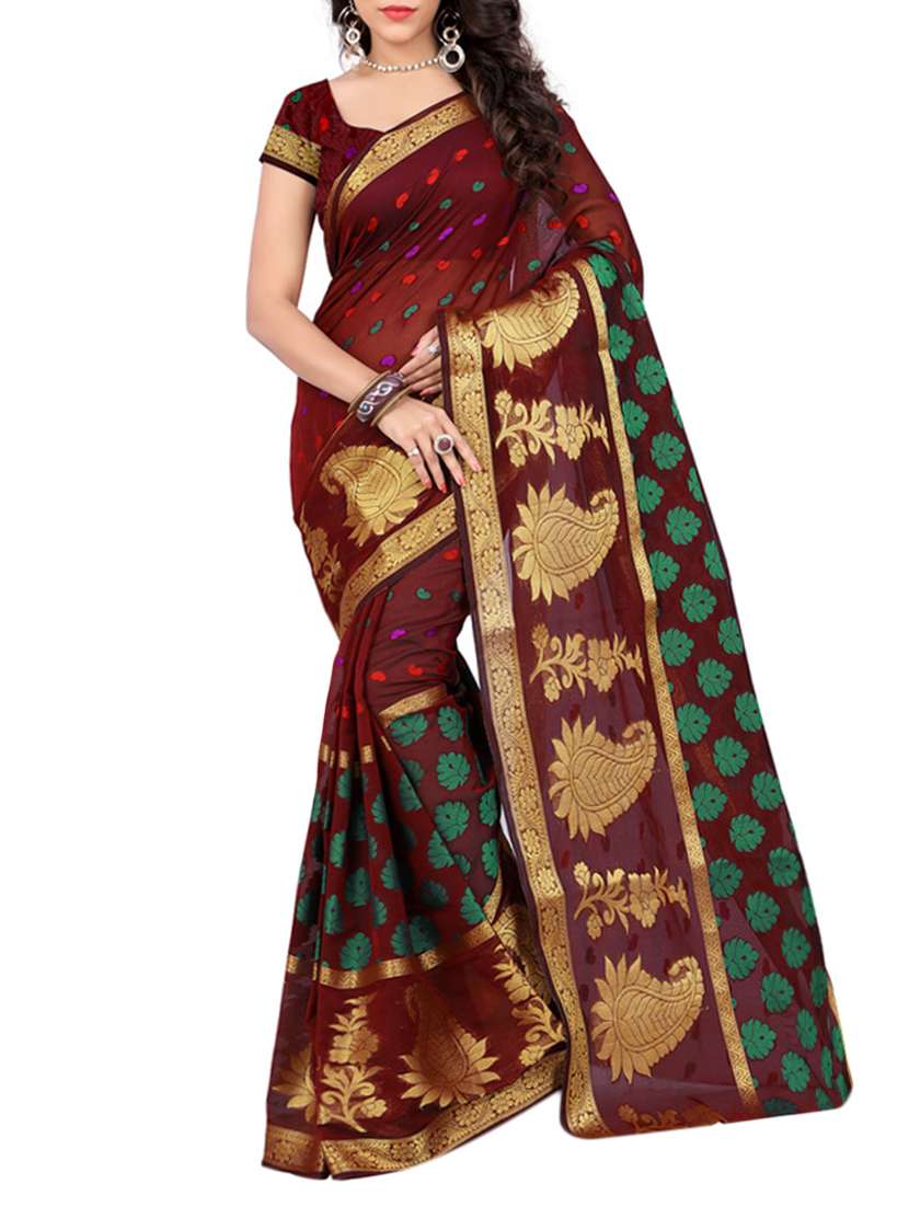 maroon cotton woven saree with blouse