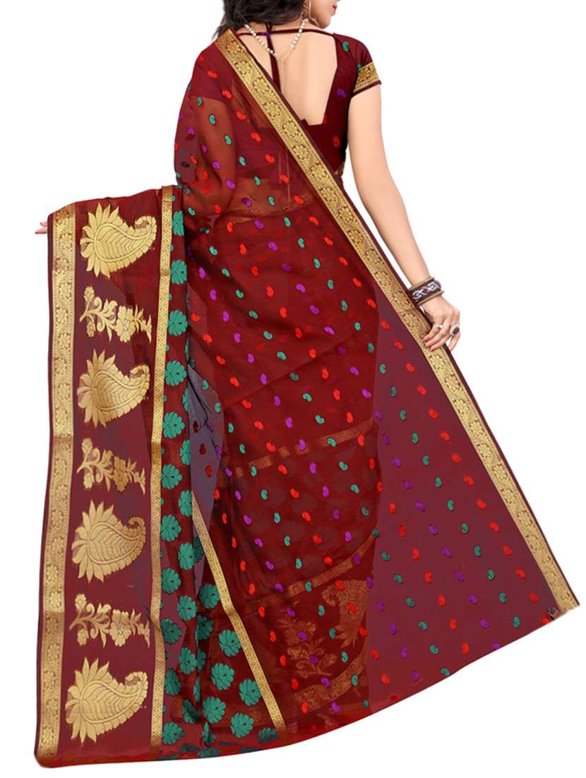 maroon cotton woven saree with blouse - 13000074 -  Standard Image - 1