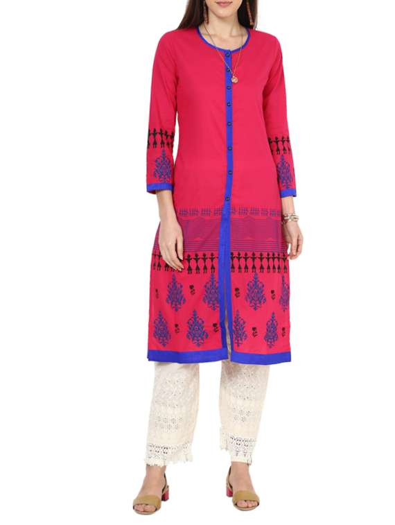 pink cotton straight high slit kurta