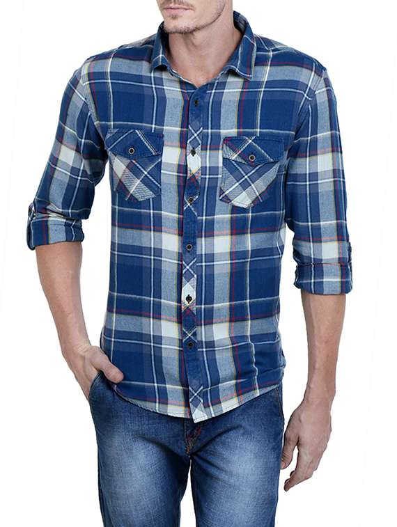 blue cotton checked casual shirt