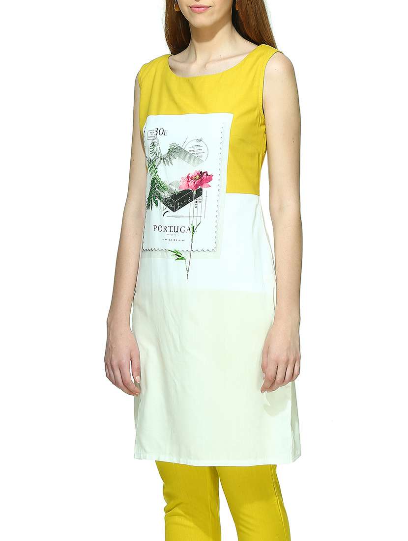 white and yellow viscose straight kurti - 13011094 - Standard Image - 1