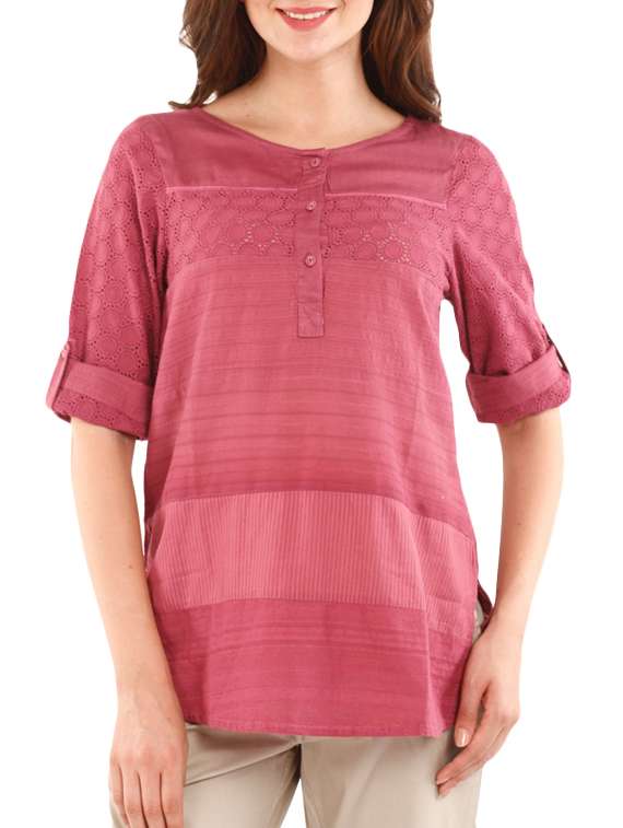solid pink cotton top with cutwork