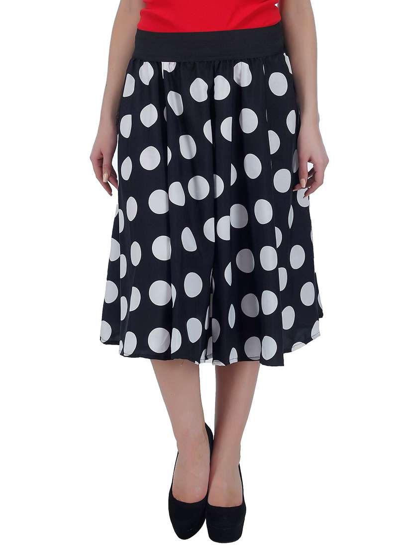 black polka dots printed crepe flared skirt