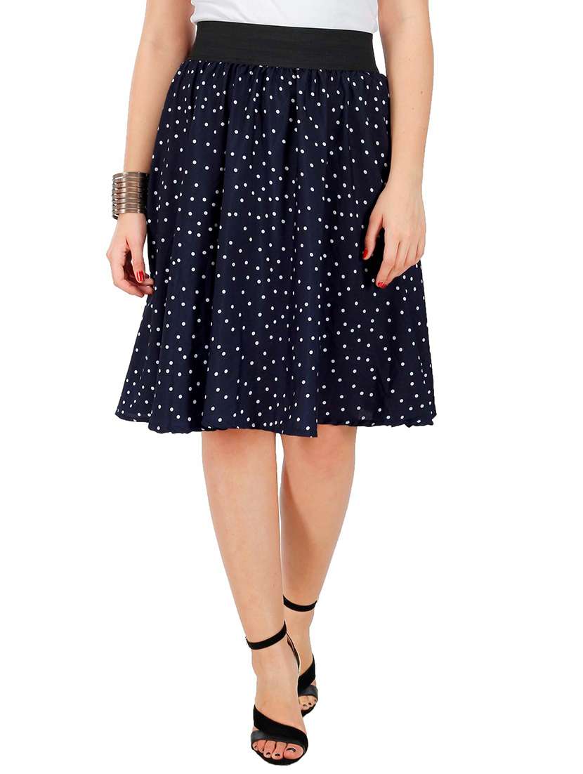 navy blue polka dots printed crepe flared skirt