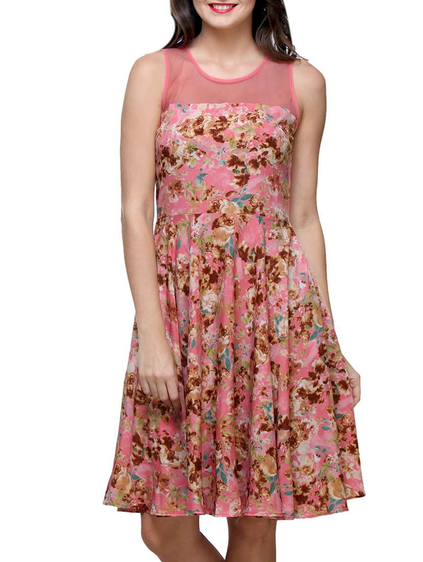 pink floral printed gathered dress