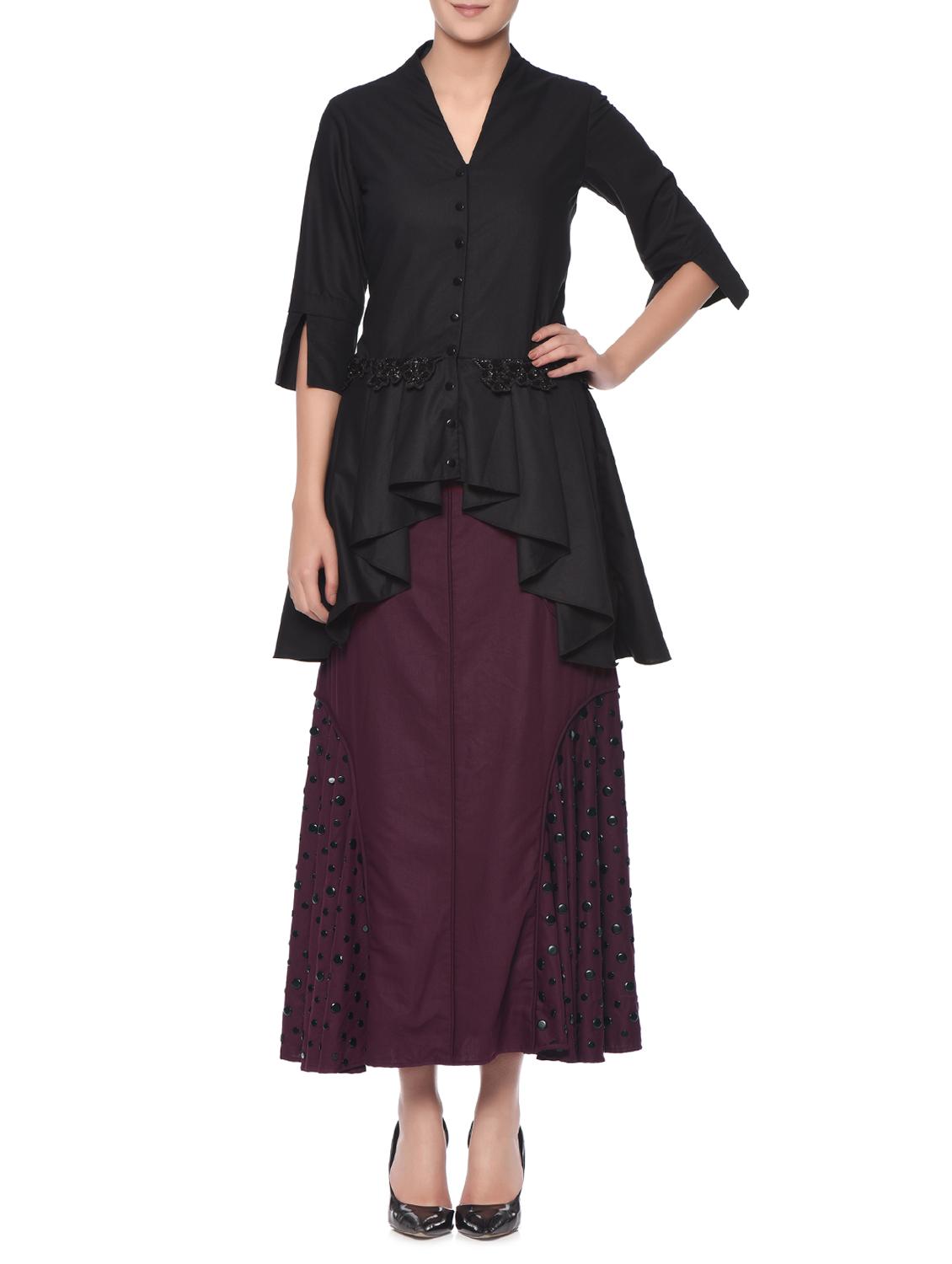 black asymmetrical embroidered tunic and maroon skirt set