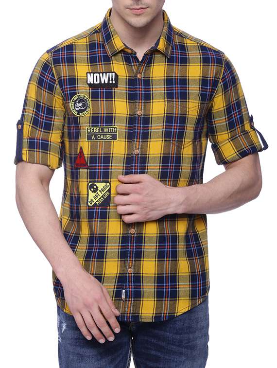 yellow cotton checked casual shirt
