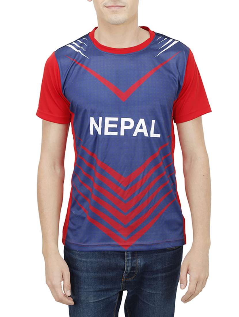 navy blue and red polyester t-shirt