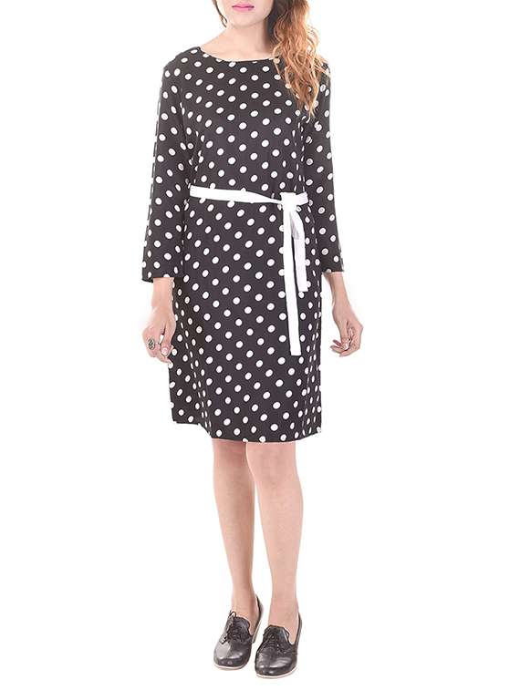 black polka dots printed poly crepe dress