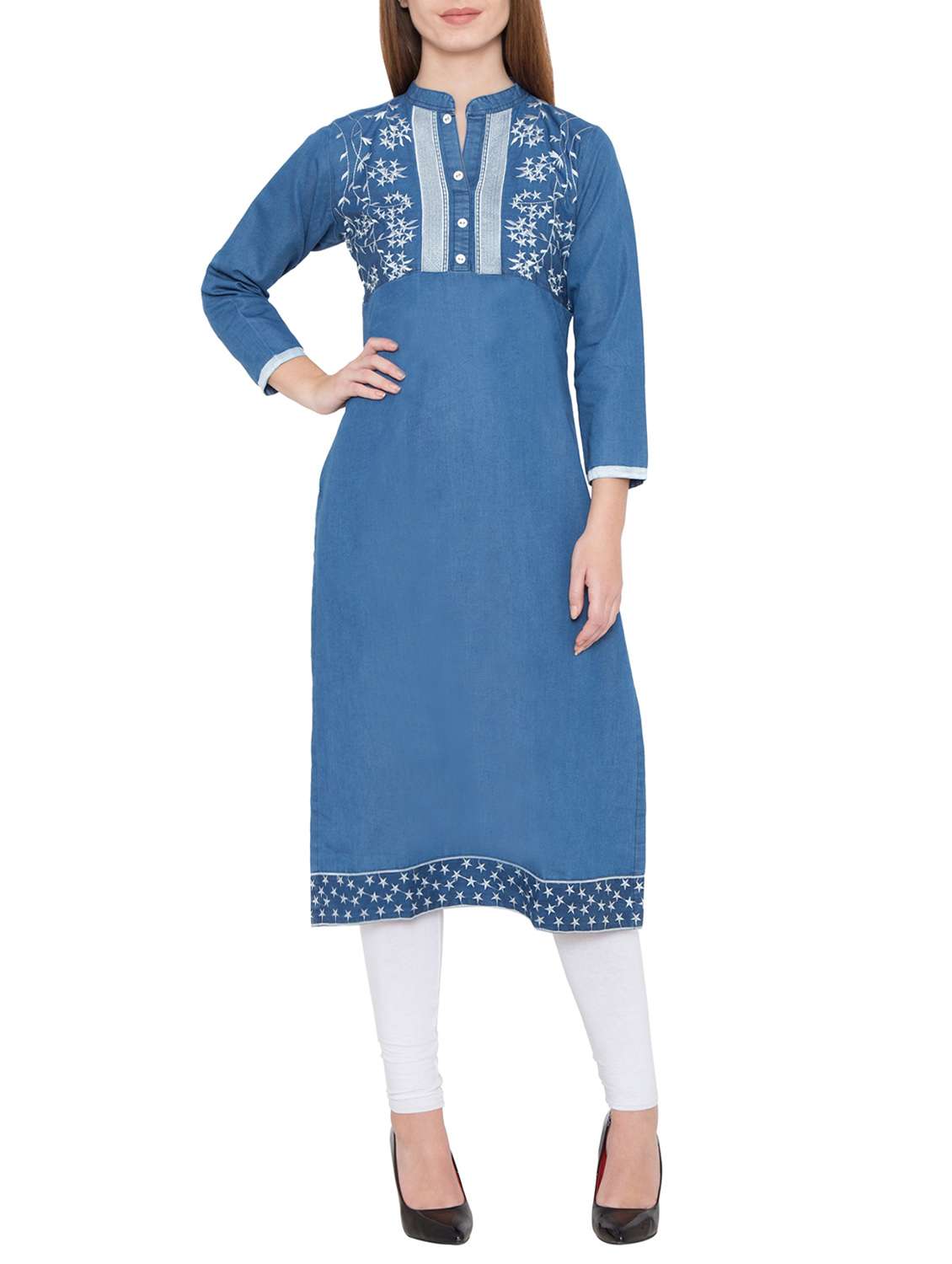 denim embroidered straight kurta