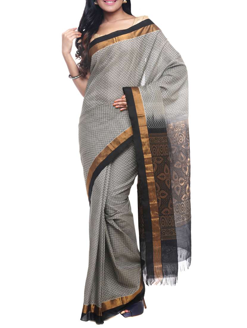 grey cotton silk zari work handloom saree with blouse