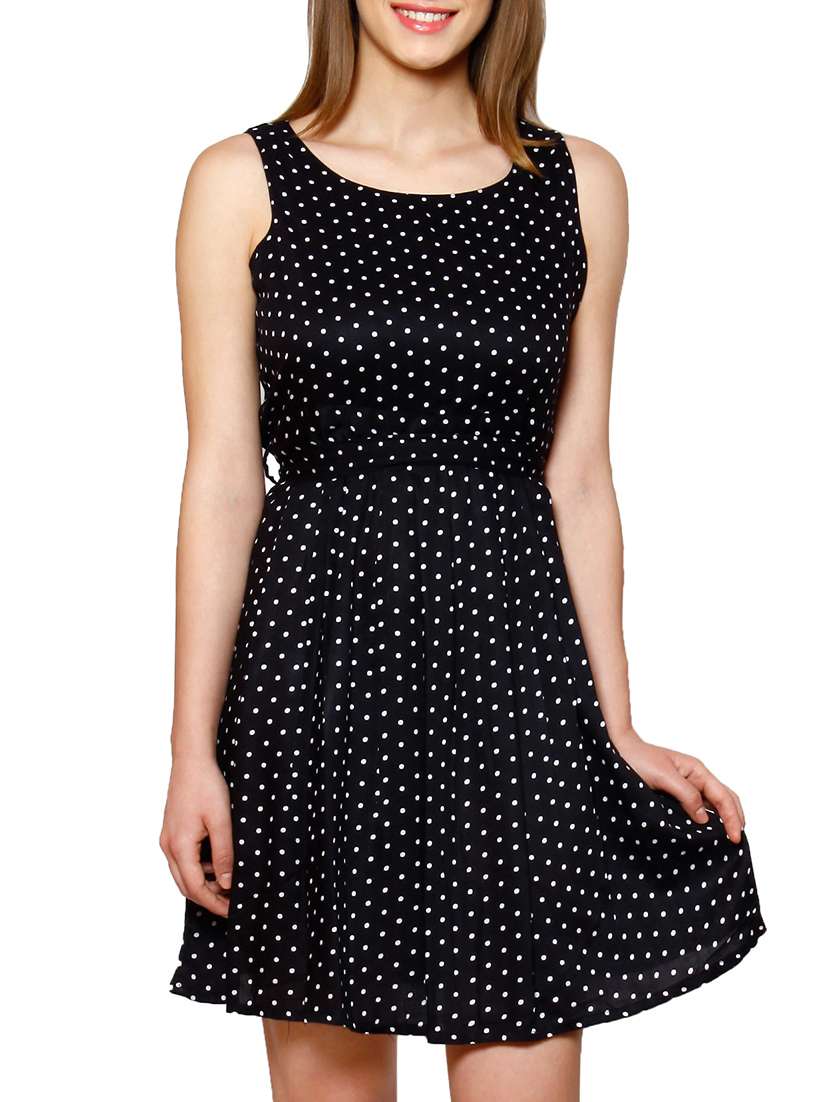 black polka dots printed crepe dress