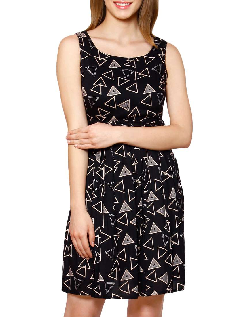 black geometric printed crepe dress