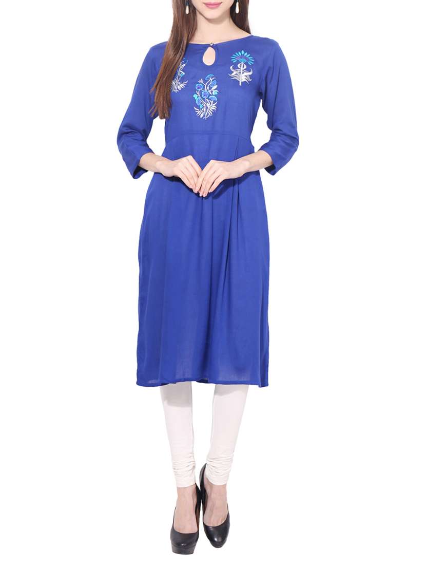 blue rayon embroidered a-line kurta