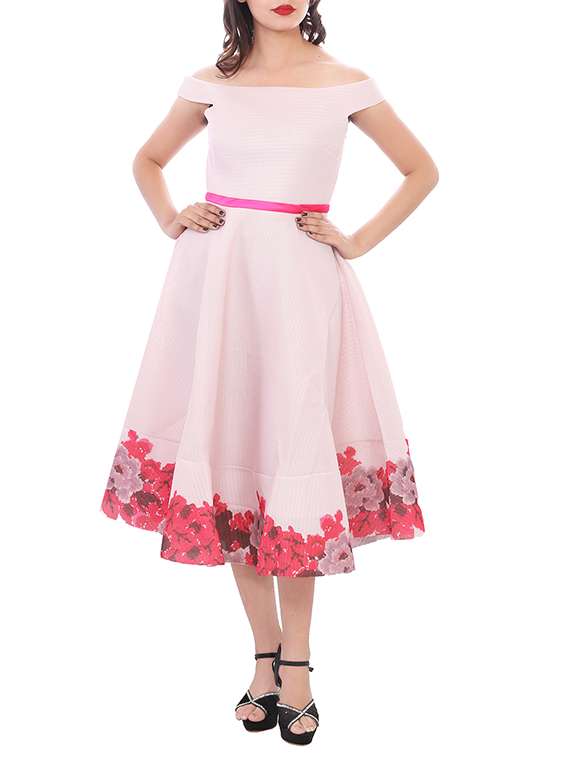 pink floral printed net fit & flare dress