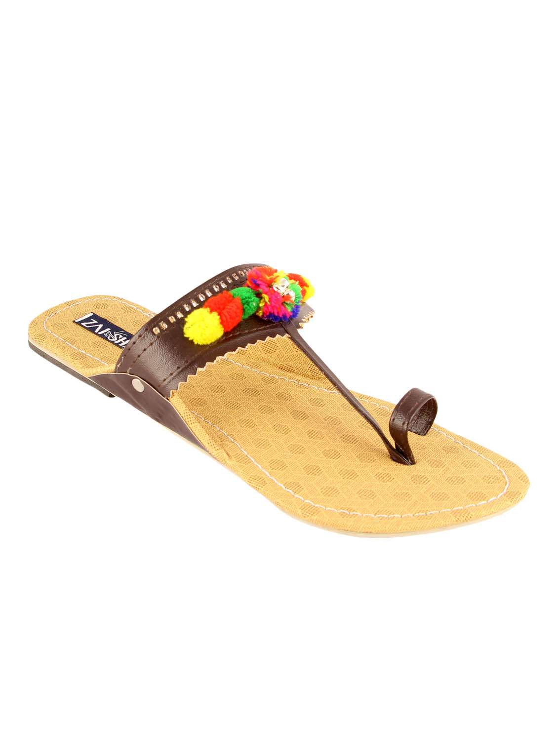 brown pom poms one toe kolhapuris