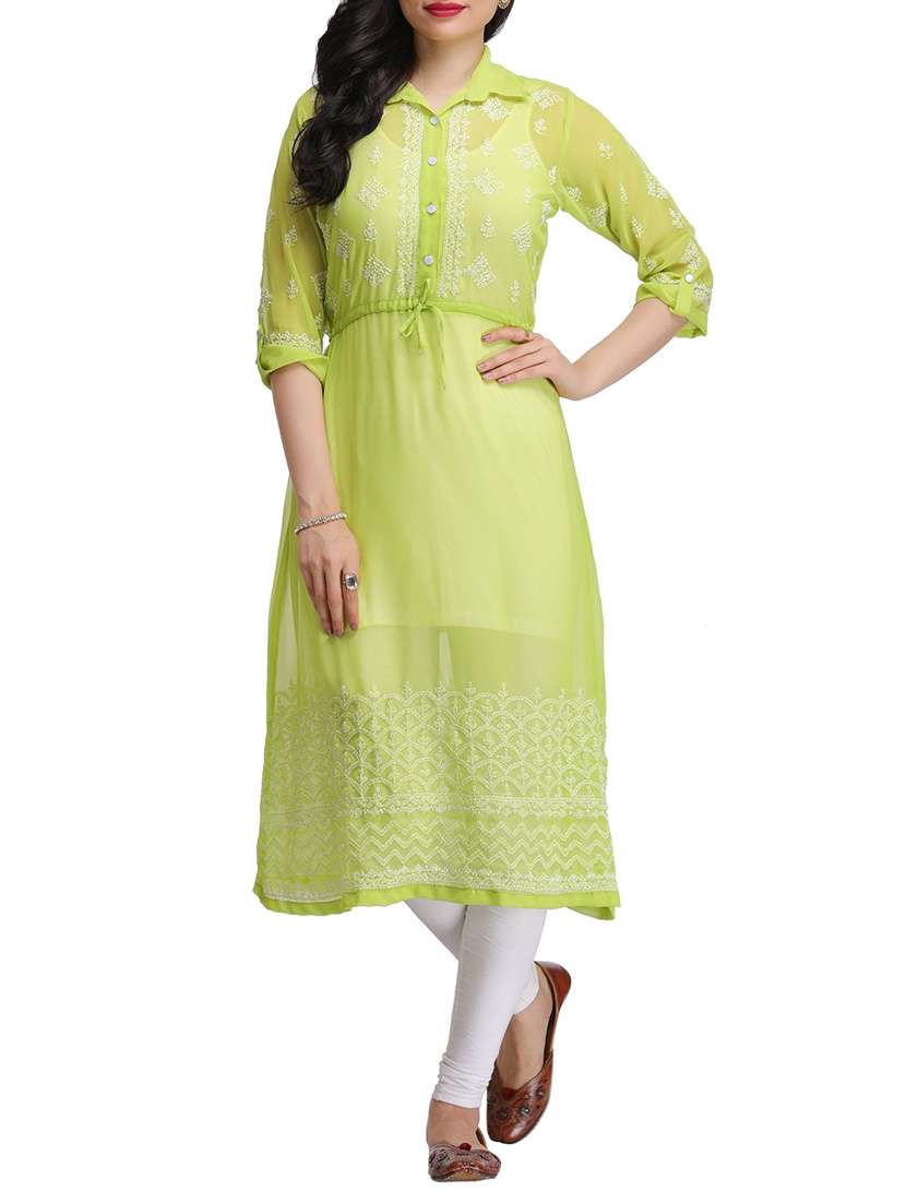 Lime chikankari embroidered georgette kurta