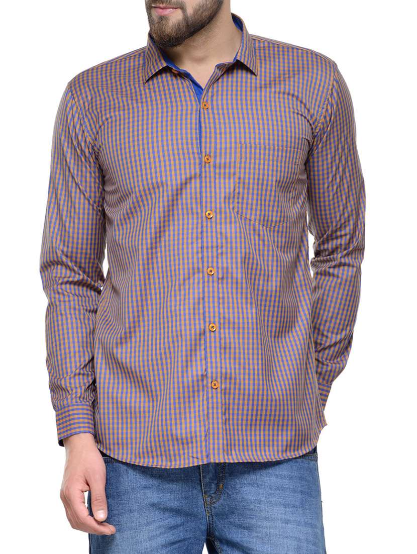 brown cotton blend checked casual shirt