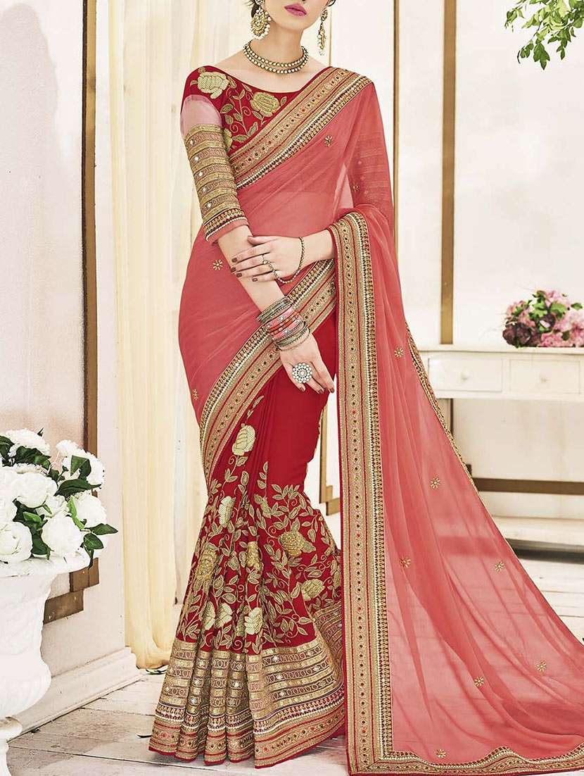 peach  georgette half and half saree