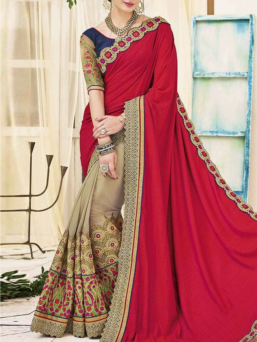 red georgette half and half saree