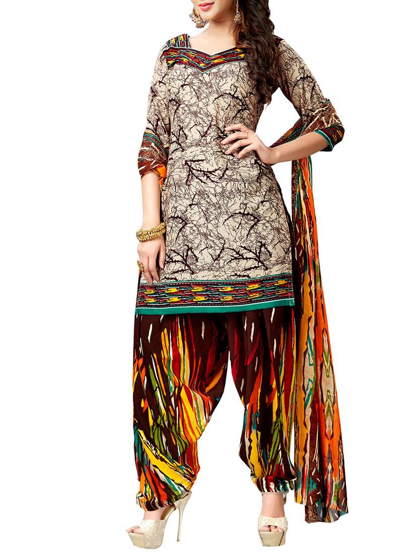 beige crepe printed dress material