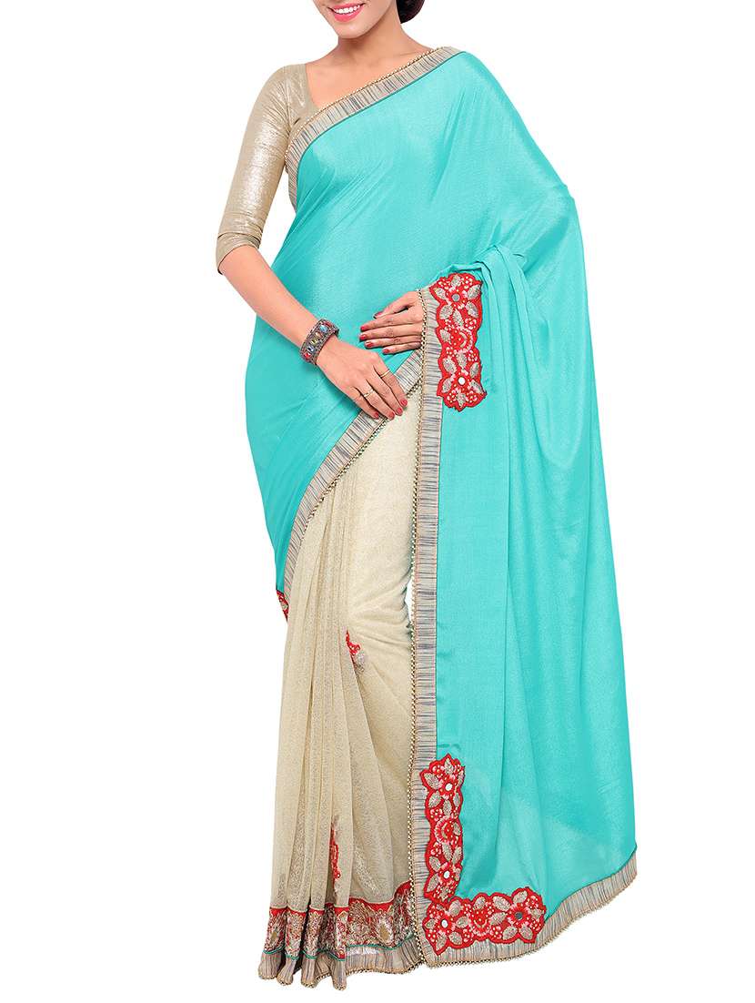 sky blue & beige chiffon half & half saree