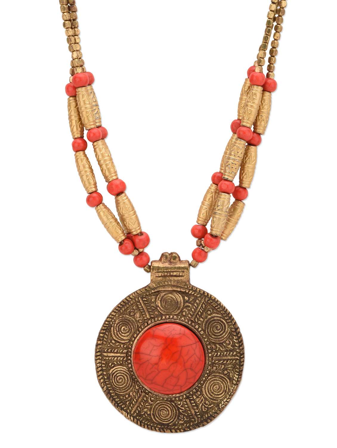 red and gold embellished brass necklace