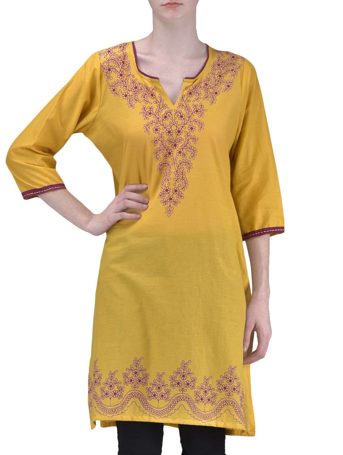 yellow cotton printed kurta