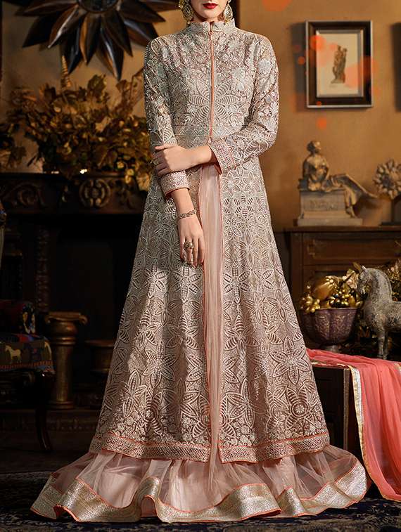 grey embroidered anarkali dress material