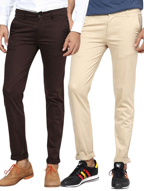 brown beige set of 2 cotton chinos casual trouser