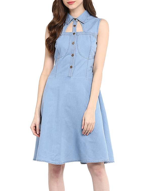 light blue denim A-line dress