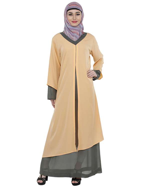 peach and grey georgette layered abaya 