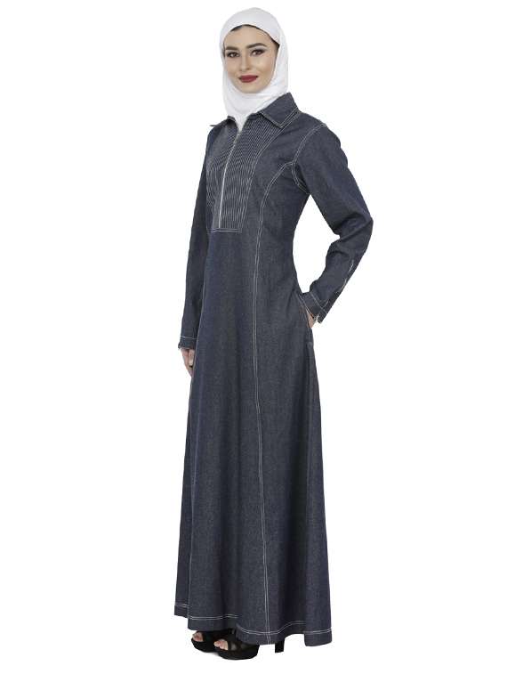 solid blue full sleeved denim abaya - 13117430 - Standard Image - 1