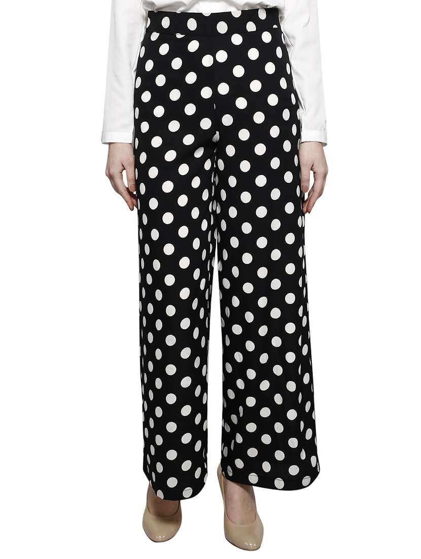 black polka dots printed polyester trouser