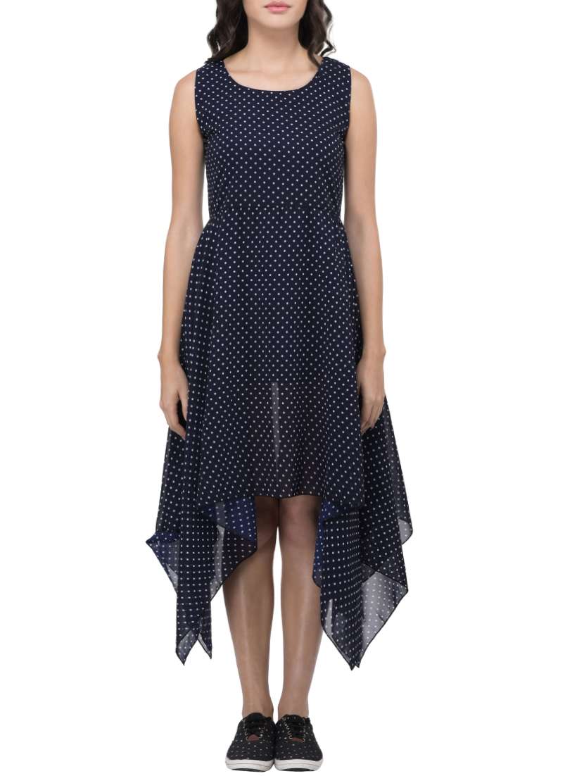 navy blue polka dotted asymmetric dress