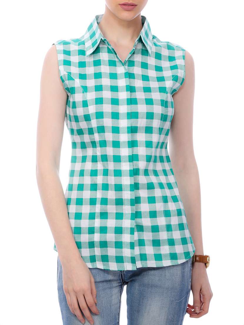 green and white chequered cotton shirt