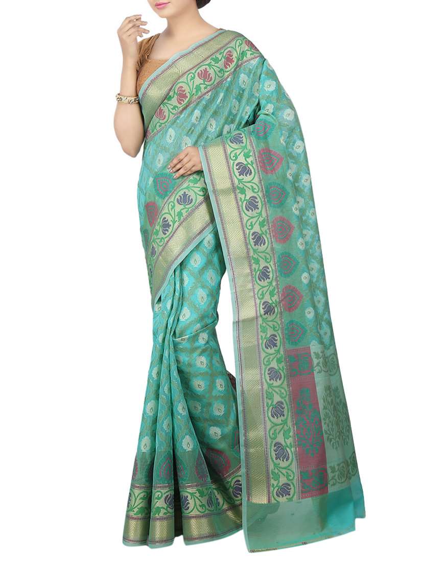sky blue net banarasi saree with blouse