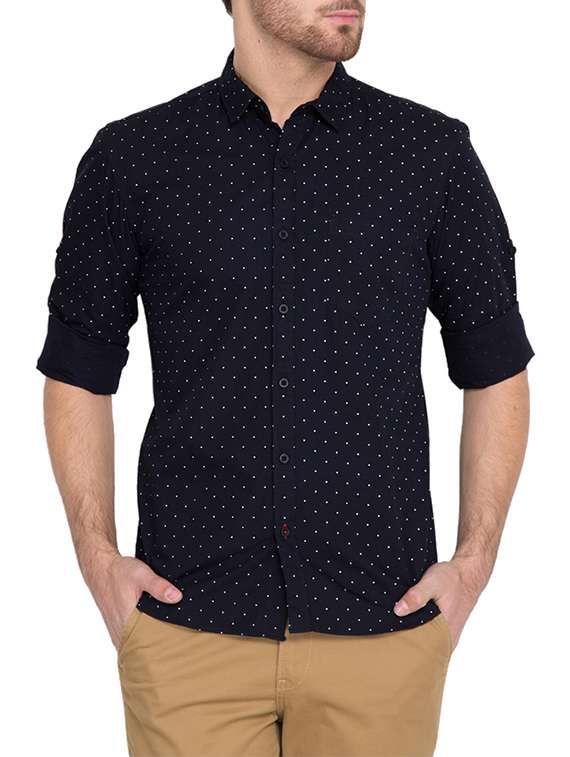 navy blue cotton polka dots casual shirt