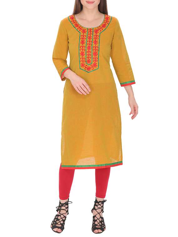 mustard cotton embroidered straight kurta