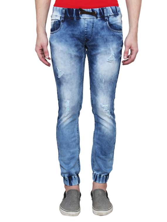 blue washed denim joggers