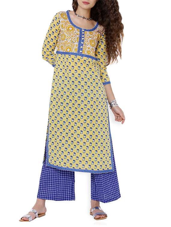 yellow cotton printed straight kurta