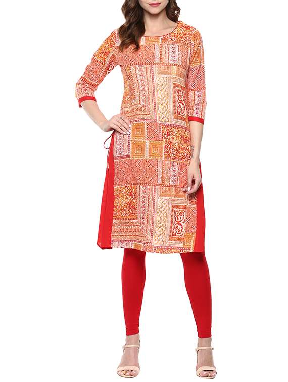 red and orange cotton block printed a-line kurta