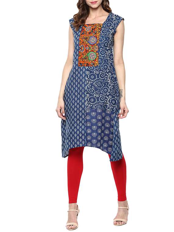 blue cotton block printed asymmetric kurta