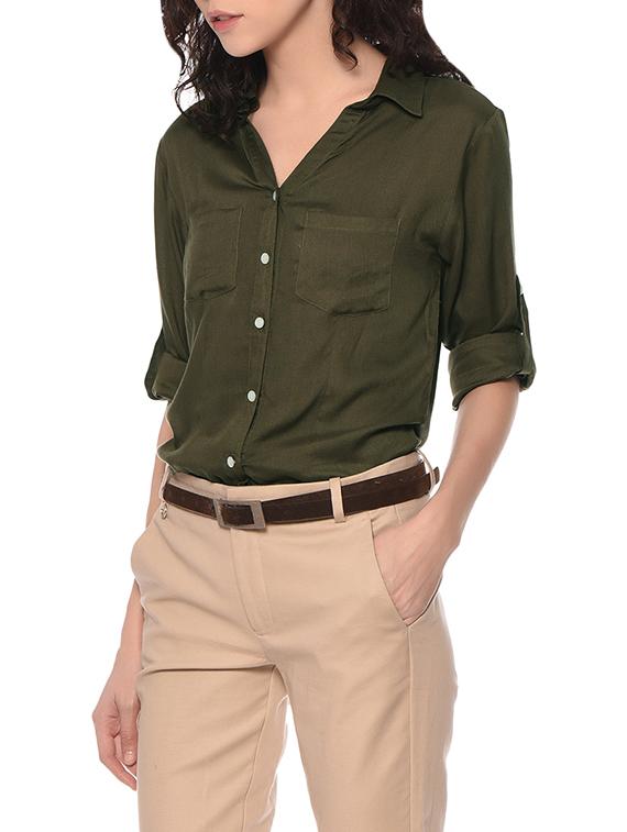 olive green rayon regular shirt - 13175236 - Standard Image - 1