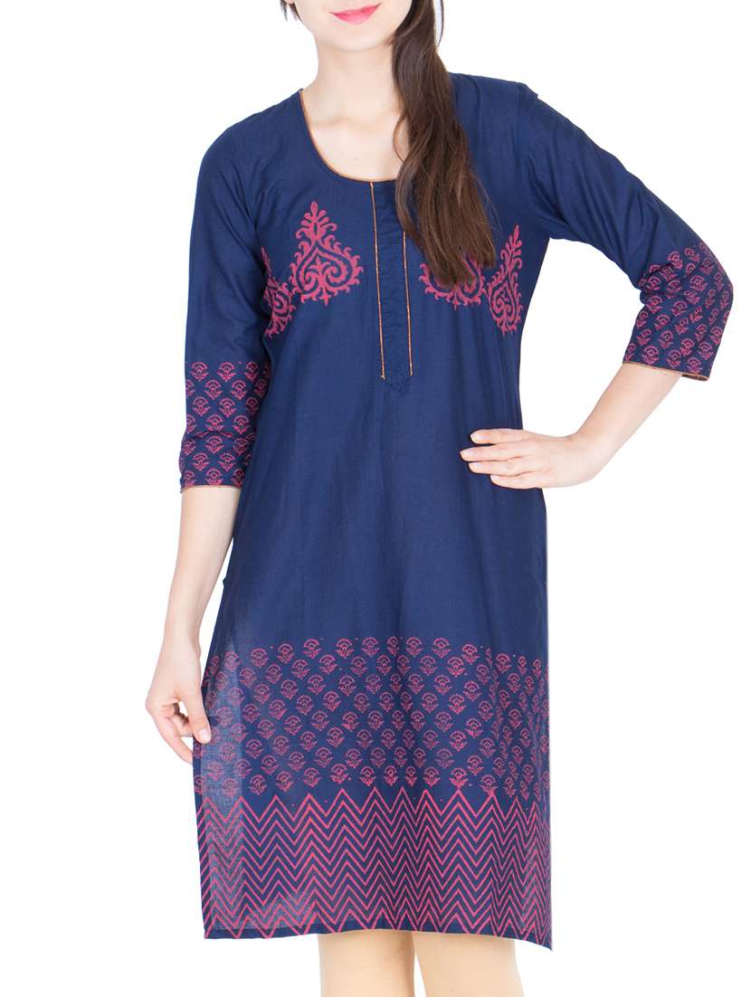 blue cotton block printed straight kurta