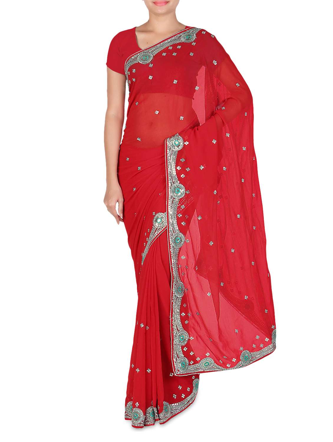 red faux georgette plain embellished saree
