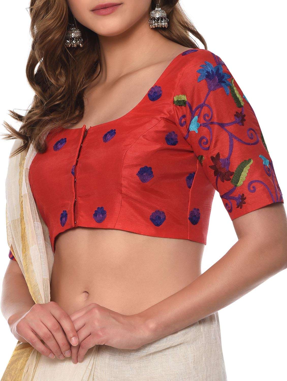 red  cotton silk embroidered blouse